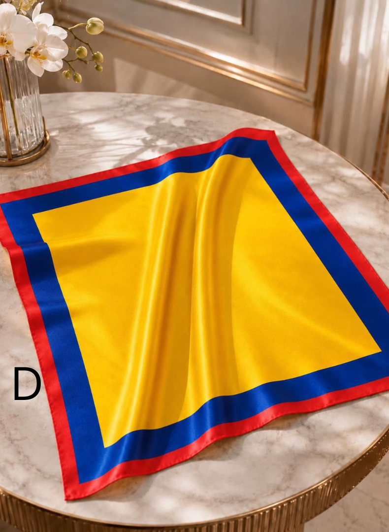 Pañoleta con colores de la bandera de Colombia: centro amarillo, bordes azul y rojo, de textura satinada brillante sobre una mesa de mármol.