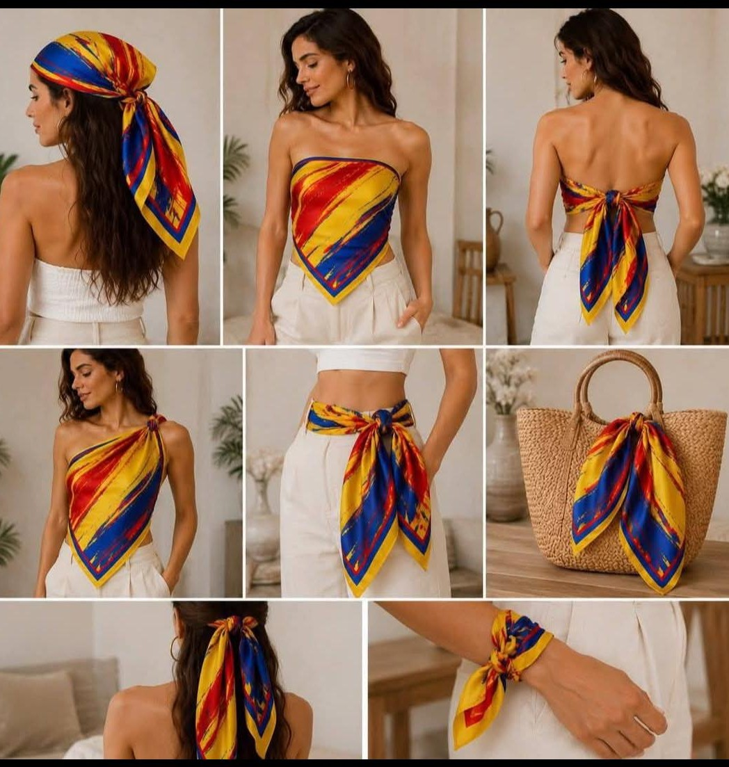 Pañoleta tricolor de Colombia usada como top, cinturón, accesorio de cabello, muñeca y detalle en bolso, mostrando múltiples formas de uso.