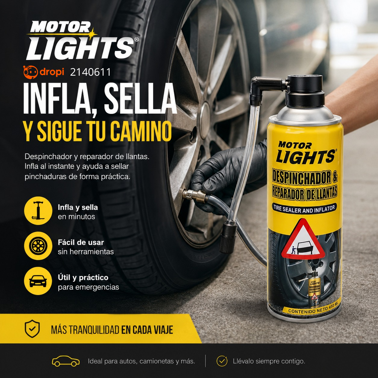 Set x2 Spray Inflador y Sellador de Llantas 450 ml - Repara pinchazos en segundos sin herramientas