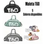 Cinco maletas deportivas impermeables T60 en colores morado, negro, verde, gris y rosa, con compartimento lateral para calzado.