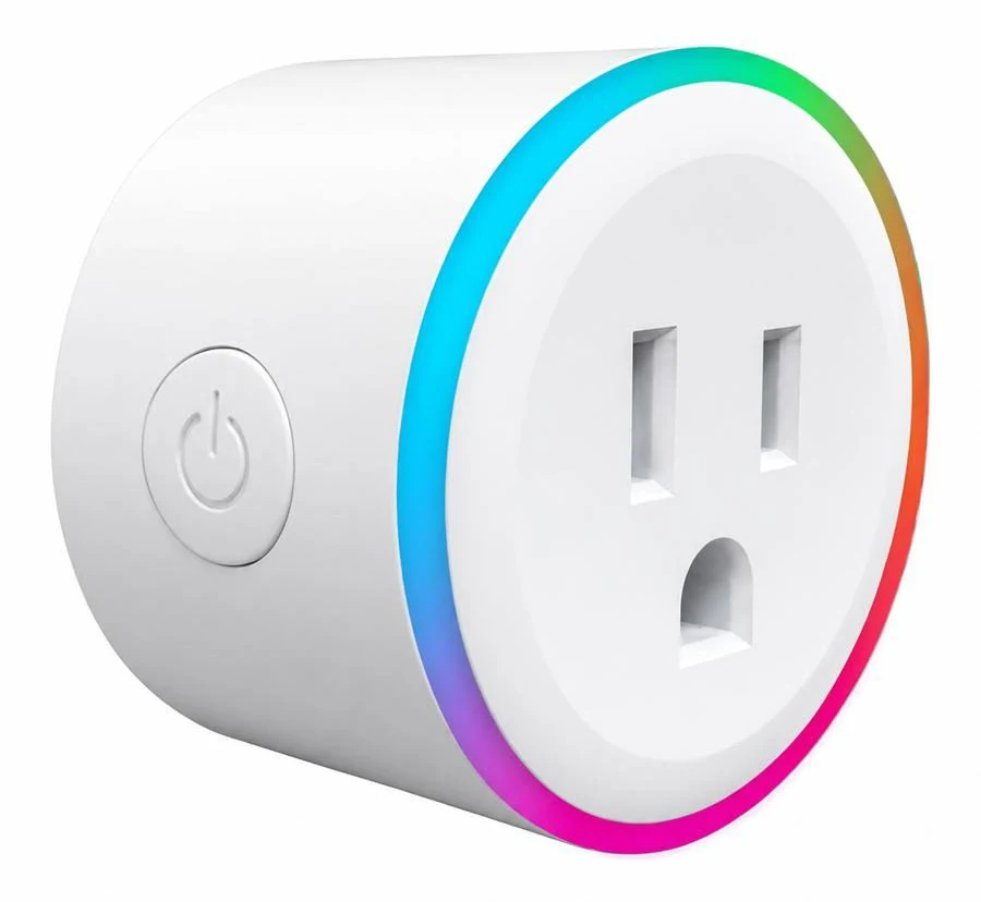 Enchufe inteligente redondo de color blanco con luz LED RGB en el borde, botón de encendido lateral y toma de corriente tipo americano de tres pines.