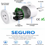 Enchufe inteligente blanco despiezado mostrando componentes internos, chip, botón de encendido y carcasa resistente al fuego.