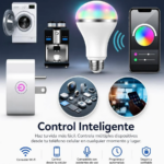 Bombilla RGB, enchufe inteligente blanco, lavadora y cafetera controlados desde una aplicación móvil para la automatización del hogar.