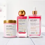 Tres productos de cuidado corporal Truly alineados: crema rosa Soft Serve de 6.7 oz, aceite Cherry Baby y aceite Soft Serve con gotero de 3.1 oz.