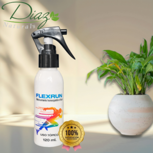 Botella blanca de spray de 120 ml con etiqueta de corredor multicolor, sobre fondo beige con planta en maceta