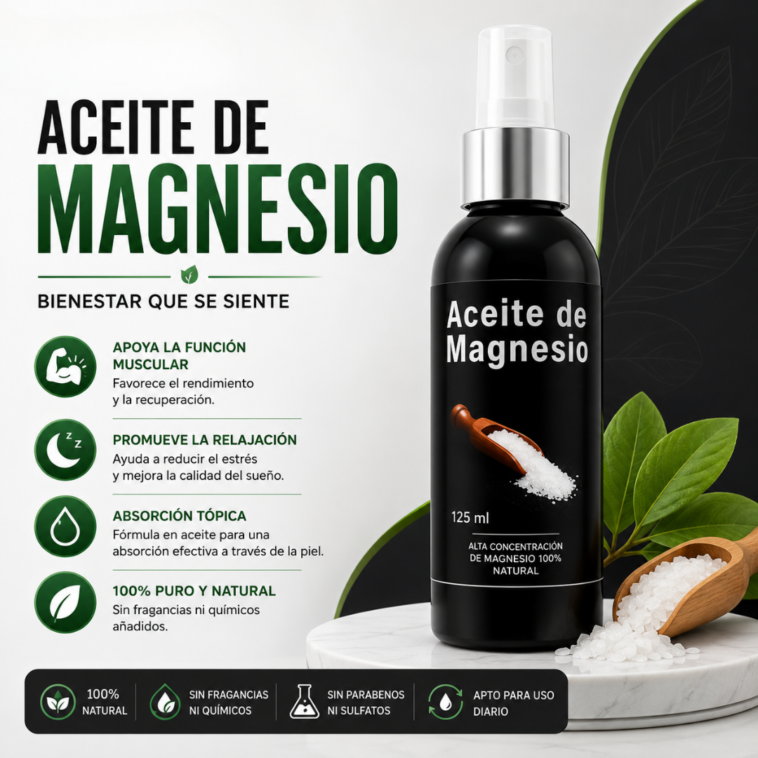Botella spray negra de aceite de magnesio 125 ml con cuchara de madera y cristales de sal sobre mármol y hojas verdes, para uso tópico muscular y relajación.