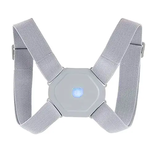 Corrector de postura electrónico gris con tirantes elásticos ajustables en cruz y sensor central luminoso.