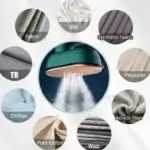 Plancha de vapor portátil verde con base metálica emitiendo vapor, rodeada por muestras de telas como seda, algodón, lana y poliéster para todo tipo de uso.