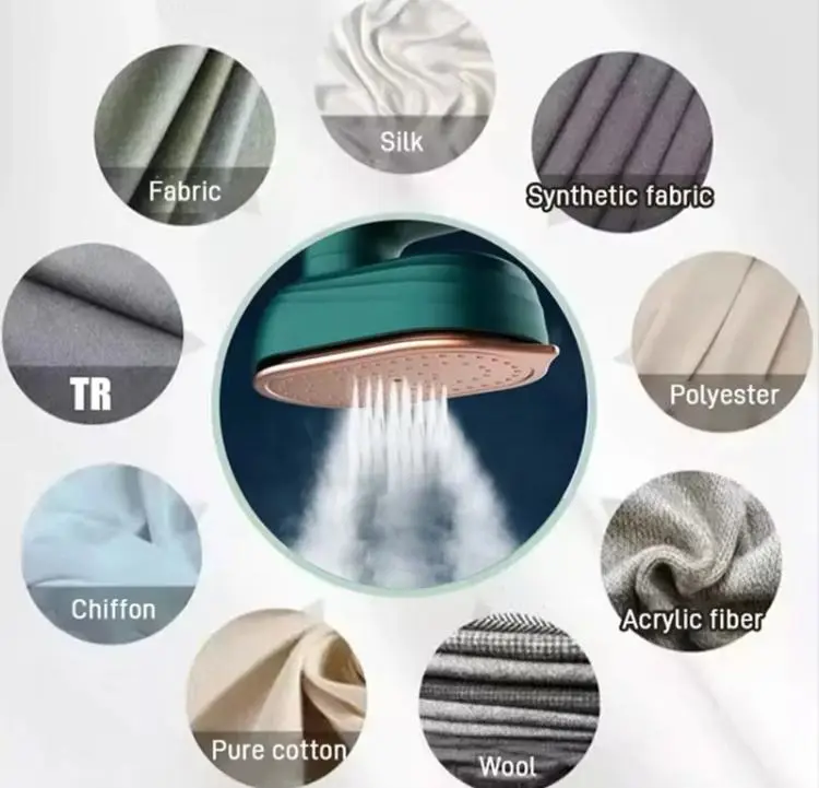 Plancha de vapor portátil verde con base metálica emitiendo vapor, rodeada por muestras de telas como seda, algodón, lana y poliéster para todo tipo de uso.