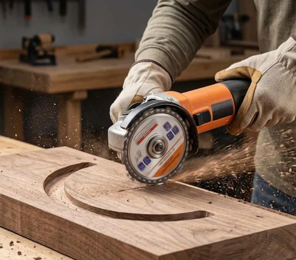 Disco tipo cadena en amoladora naranja tallando un surco curvo en madera gruesa, con virutas volando durante el desbaste.