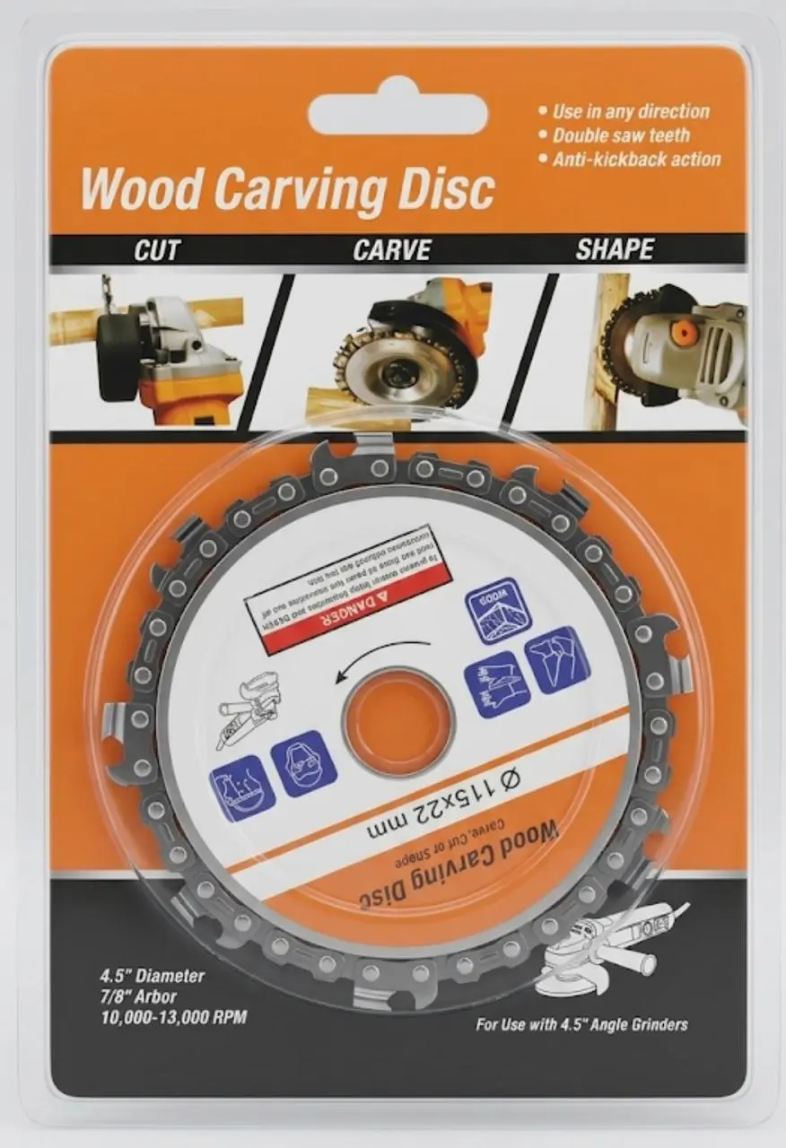 Disco de corte y tallado para madera de 4.5 pulgadas con cadena integrada, presentado en empaque blíster naranja y negro con especificaciones técnicas.