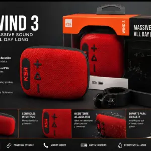 Parlante portátil Bluetooth rojo con textura de tela, incluye soporte para bicicleta, caja de empaque y funciones de manos libres y resistencia al agua IPX6.