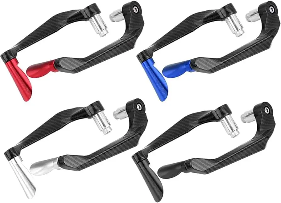 Protectores de manetas para moto con textura de fibra de carbono en cuatro variantes de color: rojo, azul, plata y negro.