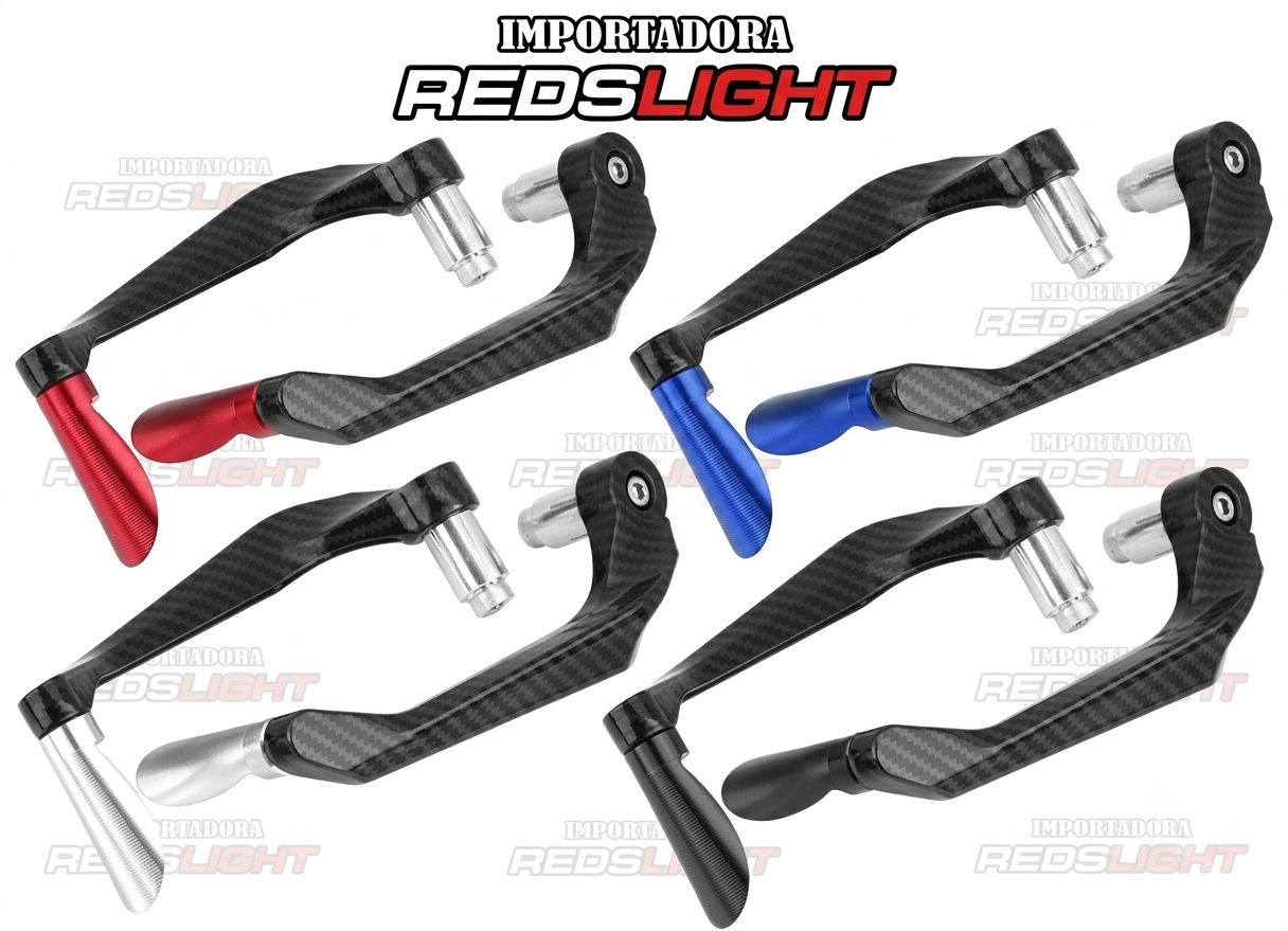 Protectores de manetas para moto con textura de fibra de carbono en cuatro variantes de color: rojo, azul, plateado y negro.