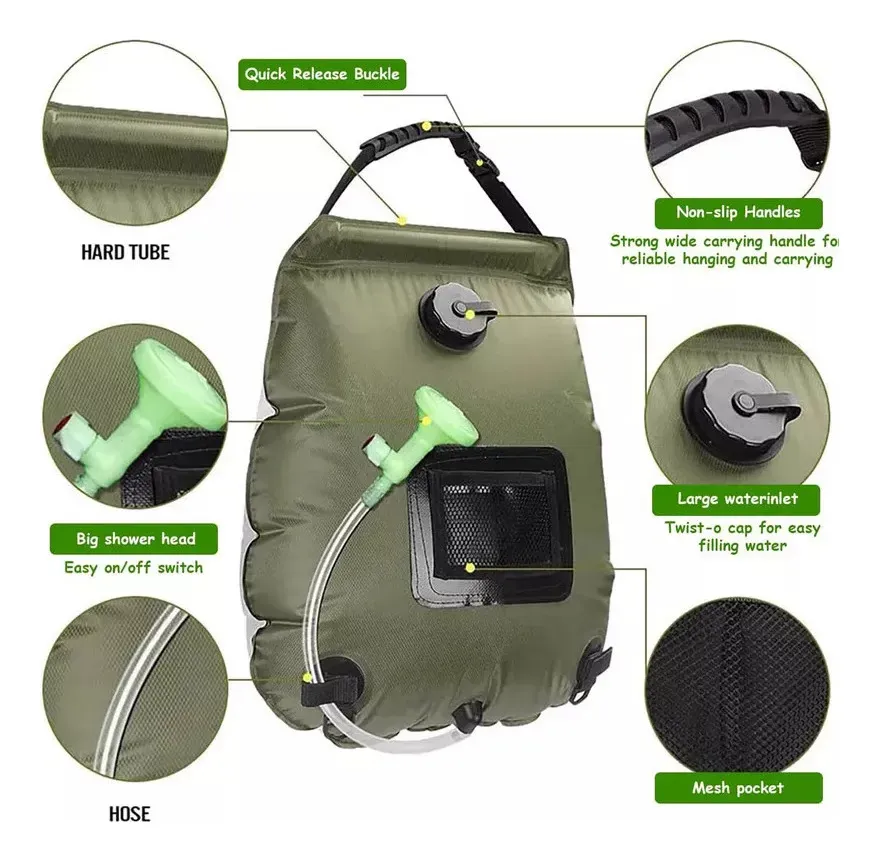 Ducha portátil de camping verde militar con bolsa de agua, manguera transparente, cabezal verde, válvula grande y bolsillo de malla frontal.