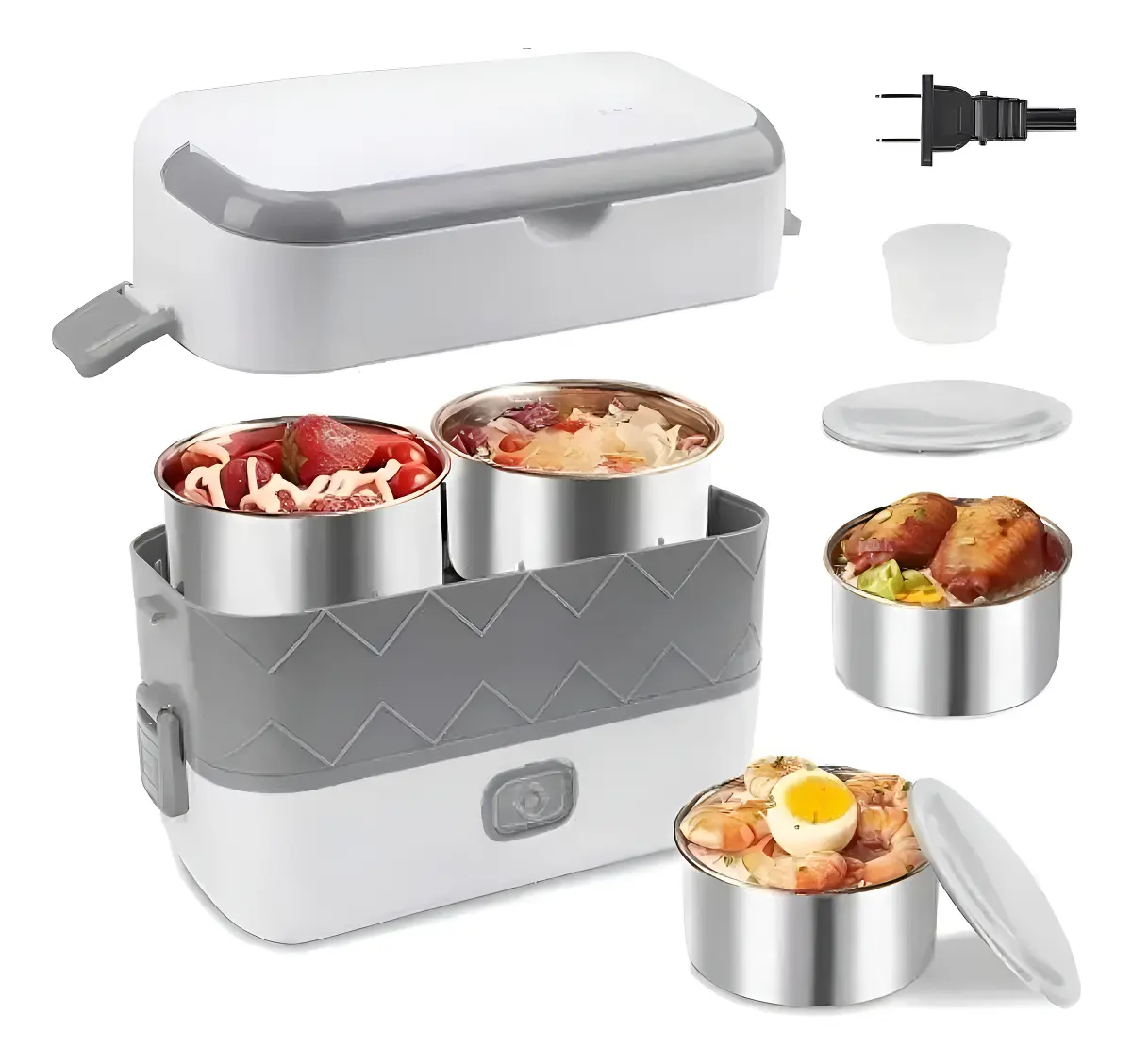 Lonchera eléctrica blanca y gris con recipientes de acero inoxidable 304 con comida, incluye enchufe, taza medidora y tapas adicionales.