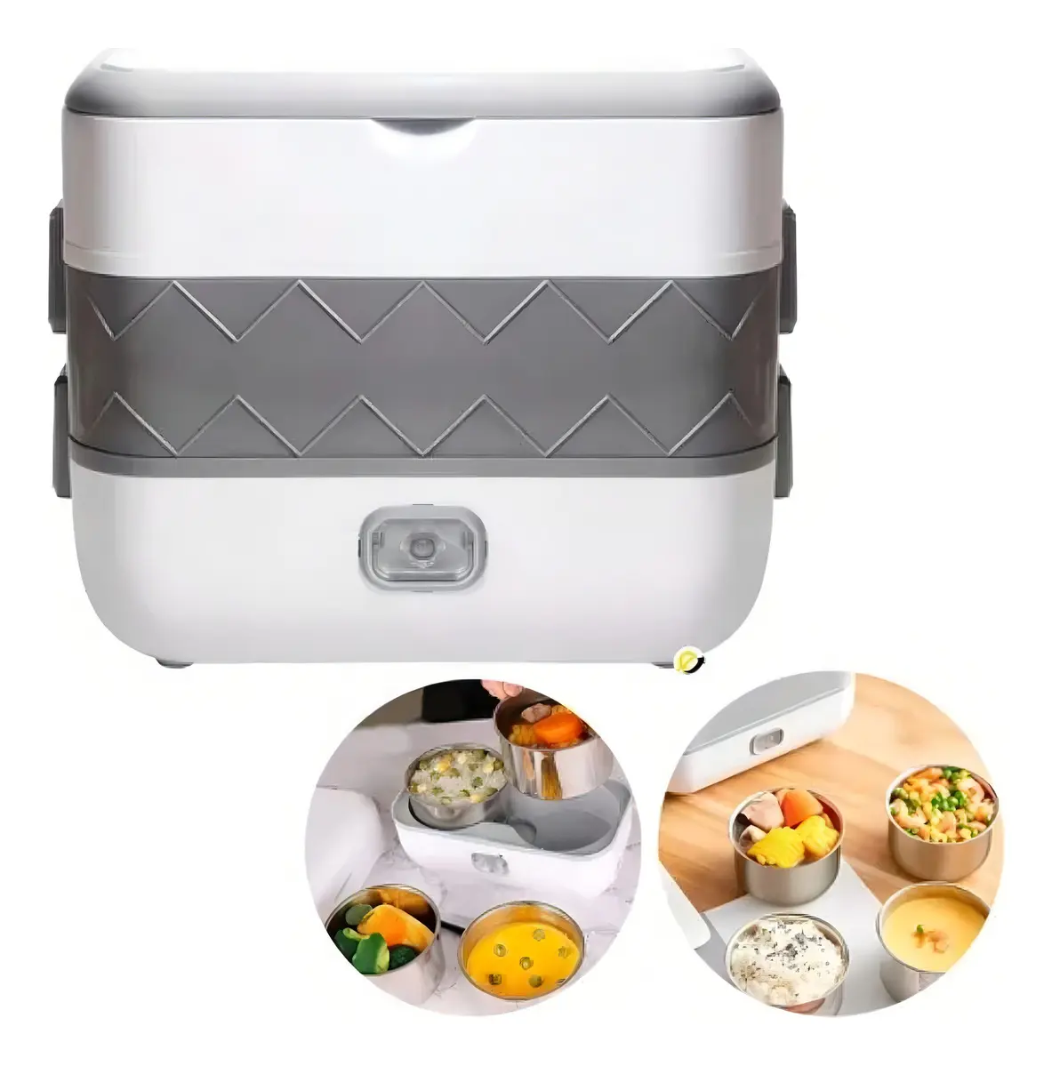 Lonchera eléctrica blanca y gris con diseño geométrico, incluye recipientes de acero inoxidable con alimentos como sopa, arroz y vegetales.