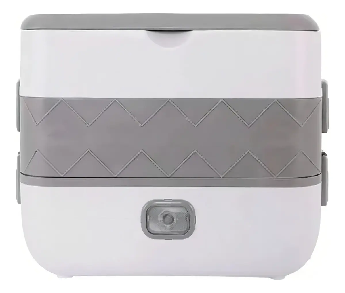 Lonchera eléctrica portátil de dos niveles, color blanco con banda gris decorativa en zigzag, tapa superior gris y botón de encendido frontal.