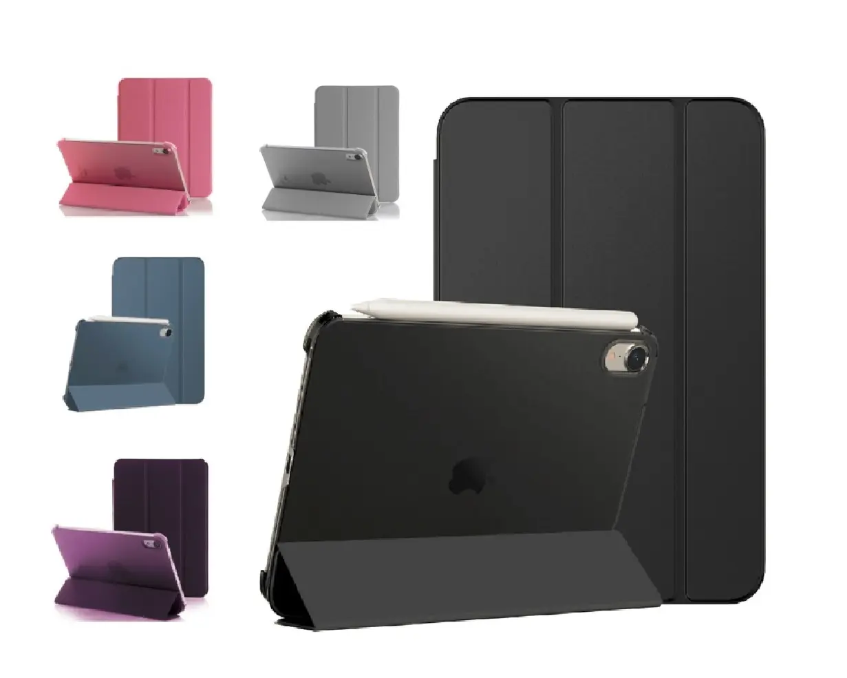 Estuche Smart Case magnético para iPad Mini en negro con soporte y Apple Pencil. Disponible en colores rosa, gris, azul y morado.
