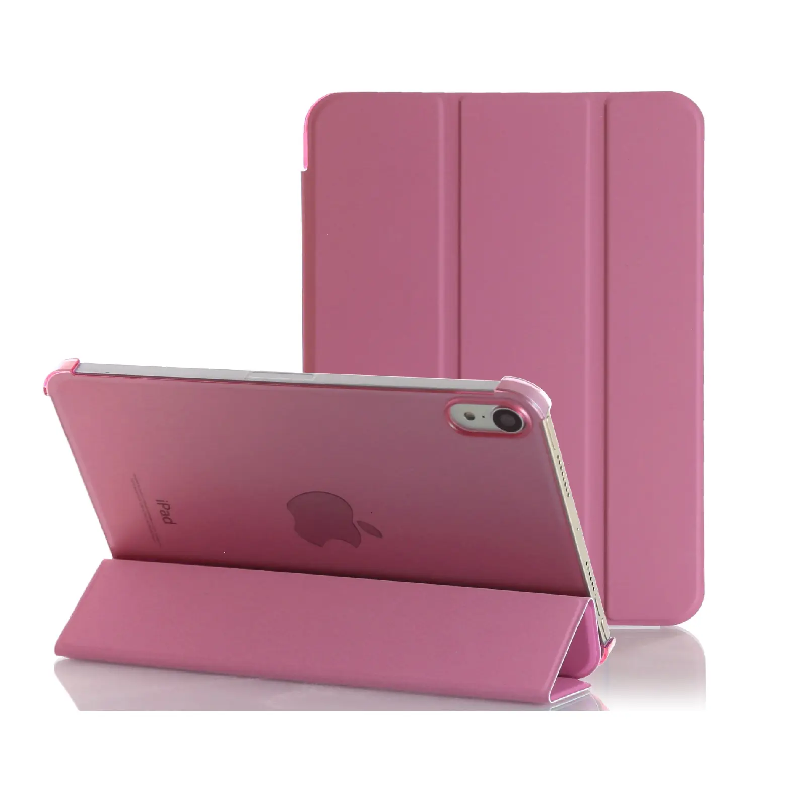 Estuche Smart Case rosa para iPad Mini, mostrado en modo soporte horizontal con la tableta apoyada y la funda cerrada en segundo plano.