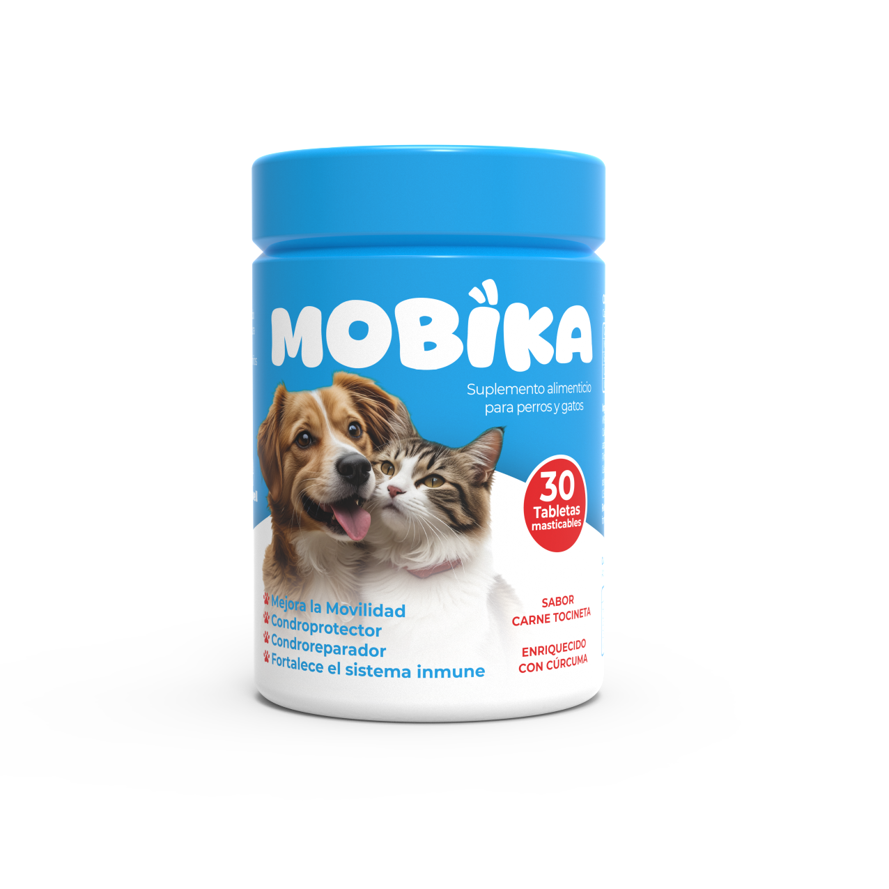Frasco azul de suplemento alimenticio masticable para perros y gatos de 30 tabletas con sabor a carne tocineta y cúrcuma.