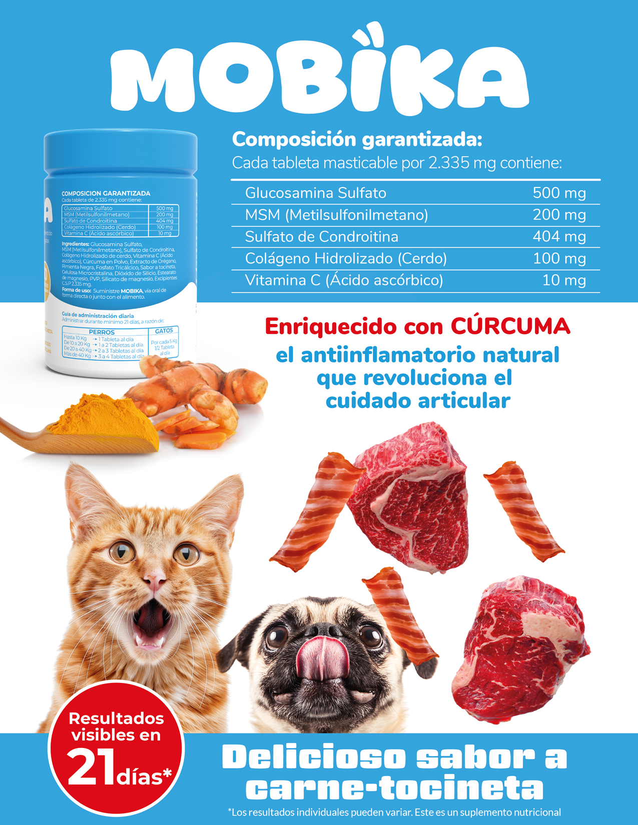Suplemento articular masticable para perros y gatos sabor a carne y tocineta con glucosamina condroitina colágeno y cúrcuma en frasco azul