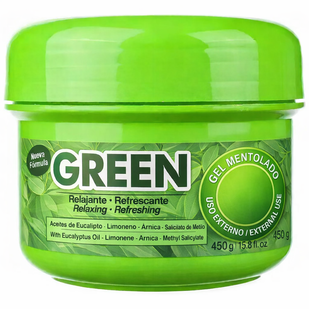 Tarro de Gel Mentolado Green de 450g, color verde brillante, con fórmula de eucalipto, limoneno, árnica y salicilato de metilo para alivio muscular.