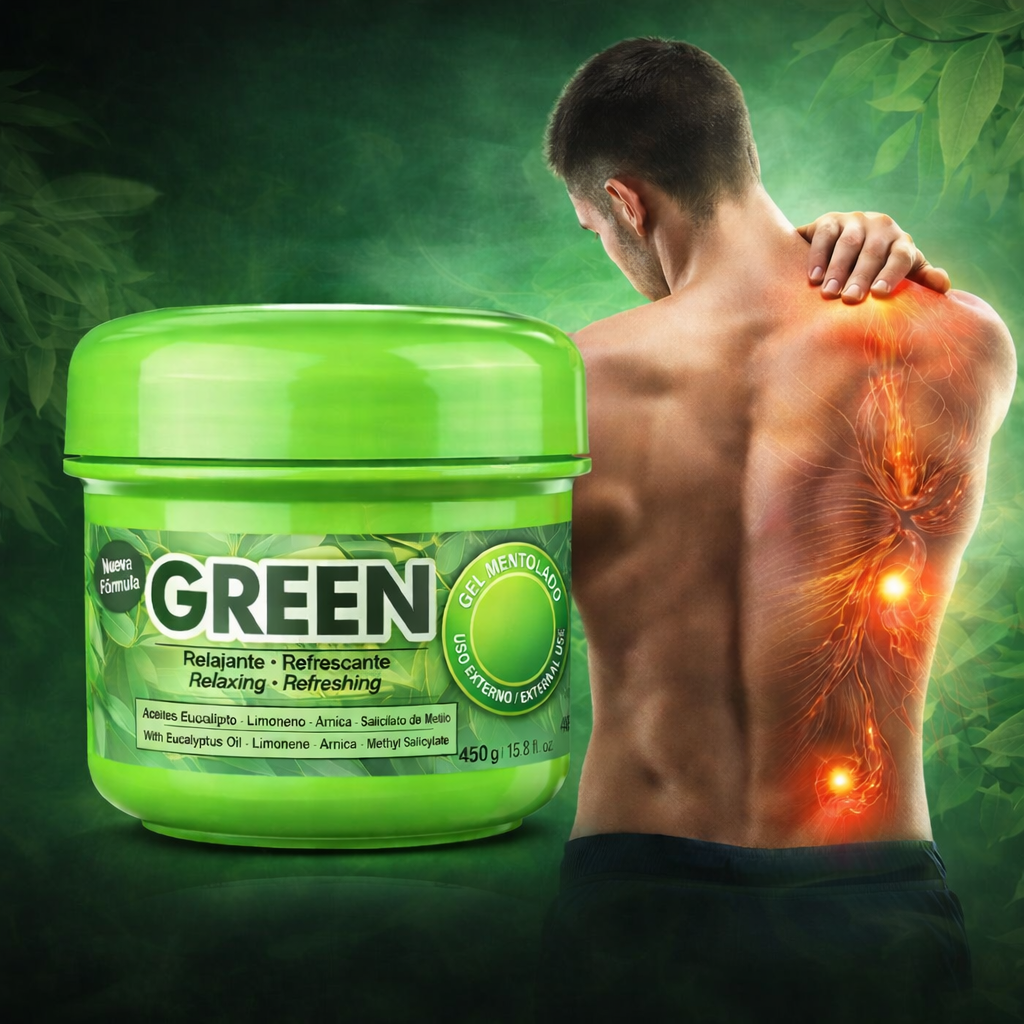 Tarro verde de Gel Mentolado Green de 450g junto a un hombre con dolor de espalda, destacando su uso para aliviar tensión muscular y bienestar físico.