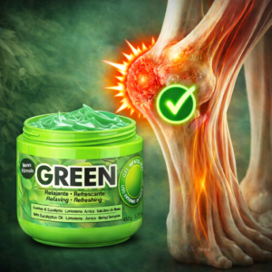 Gel mentolado Green de 450g en frasco verde, formulado con eucalipto y árnica para aliviar la tensión muscular, mostrado junto a un pie con dolor.