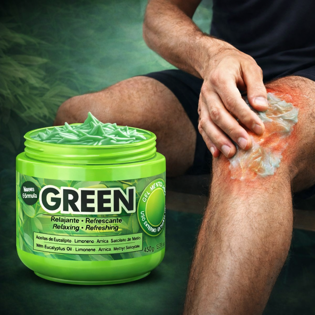 Tarro de 450g de gel mentolado Green color verde, aplicado sobre una rodilla para aliviar tensión muscular, con textura cremosa y aceites esenciales.