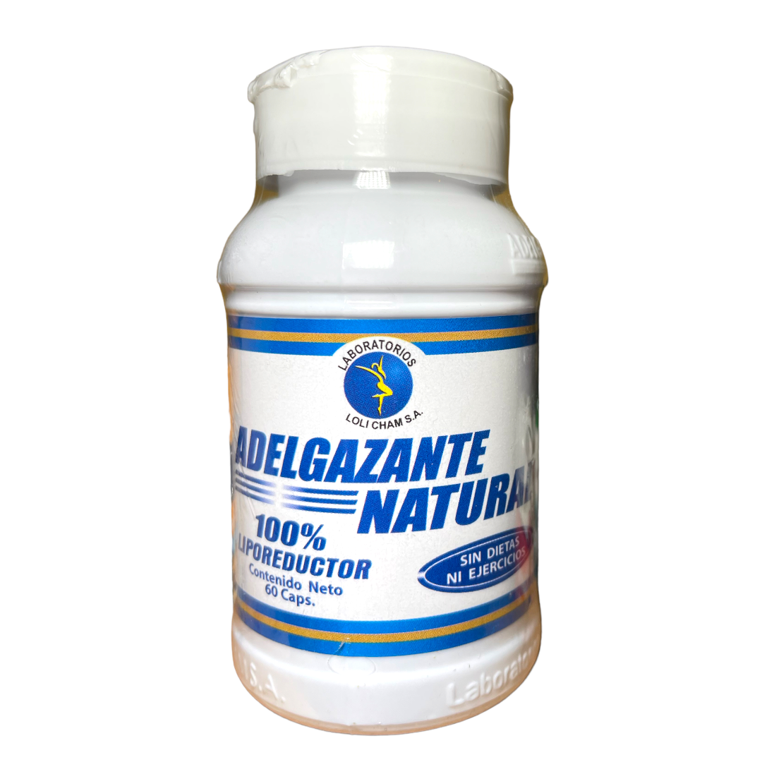 Frasco blanco de suplemento dietario en cápsulas, con etiqueta azul y blanca que indica 60 cápsulas y 100% liporeductor.