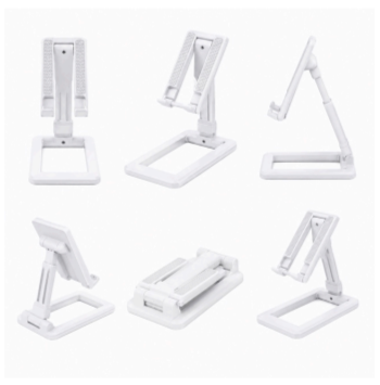 Soportes blancos para celular de escritorio, mostrados en seis ángulos que resaltan su diseño ajustable, ergonómico y capacidad de plegado.