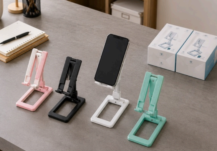 Set de soportes ajustables para celular de escritorio en colores rosado, negro, blanco y verde menta con teléfono móvil sobre superficie gris.