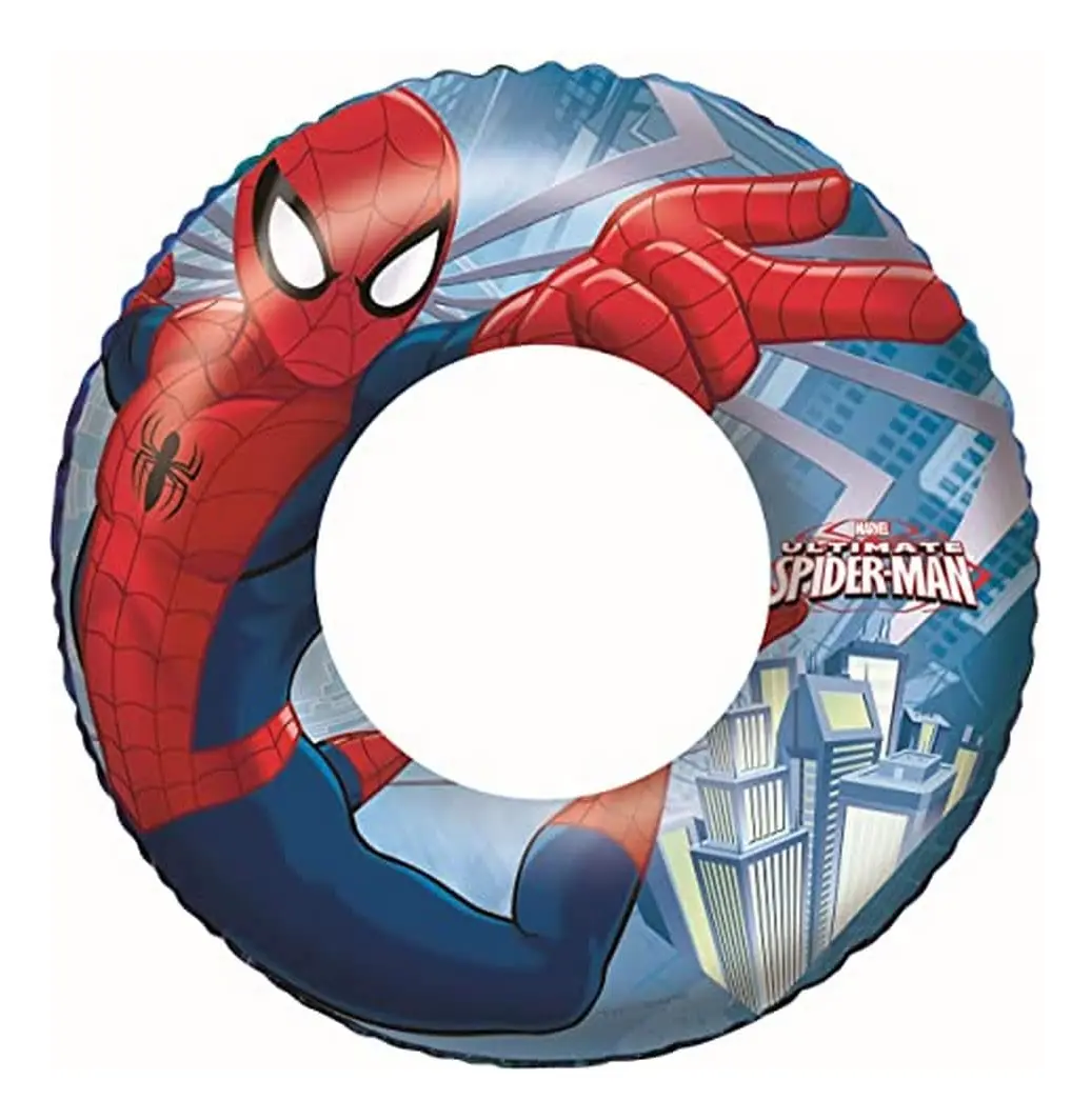Flotador inflable circular de Spiderman para piscina, con diseño azul y rojo de superhéroe entre rascacielos.