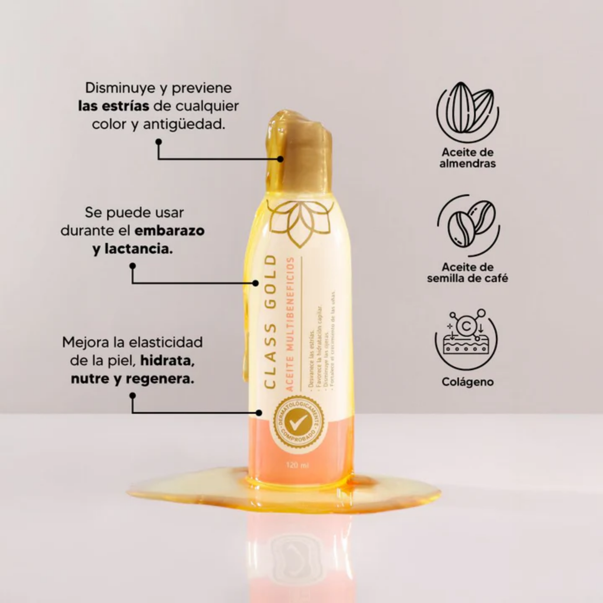 Aceite Multibeneficios Class Gold para piel cabello y uñas - hidrata profundamente y regenera tu apariencia natural
