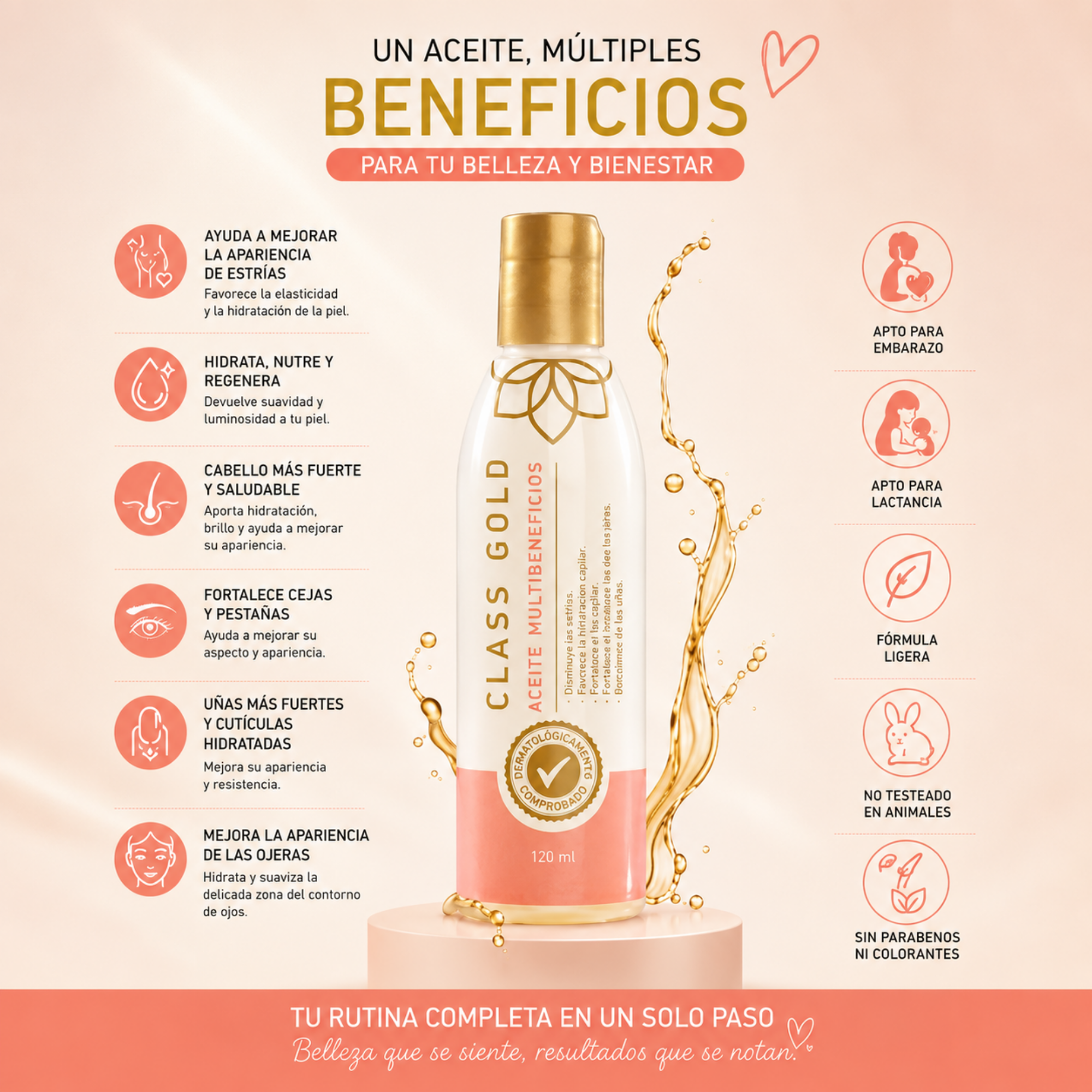 Aceite Multibeneficios Class Gold para piel cabello y uñas - hidrata profundamente y regenera tu apariencia natural