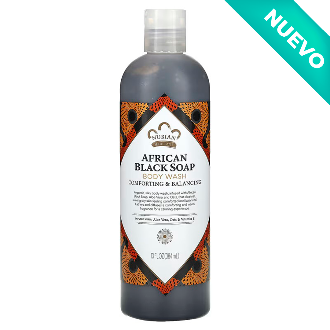 Gel de baño de jabón negro africano Nubian Heritage de 354 ml con etiqueta blanca y patrones geométricos en naranja y negro.