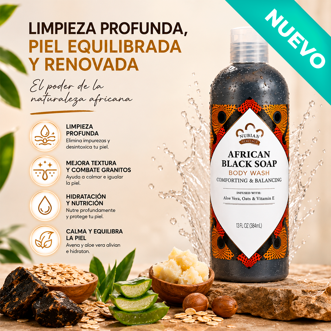 Botella de gel de baño African Black Soap de 13 oz con aloe vera y avena, rodeada de manteca de karité, hojas y granos sobre piedra.