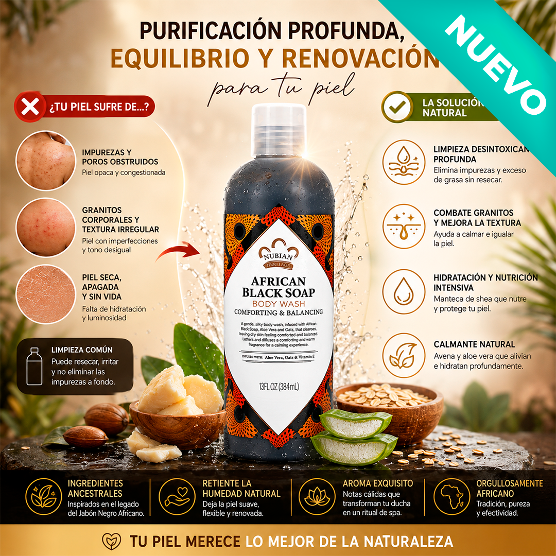 Gel de baño líquido African Black Soap en botella de 13 fl oz, rodeado de manteca de karité, avena y aloe vera sobre roca.