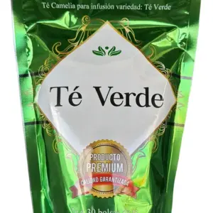 Empaque brillante color verde de Té Verde Fito Medics, presentación de 30 bolsas de té de 2g cada una, con sello de producto premium y calidad garantizada.