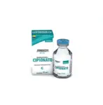 Solución inyectable veterinaria Cipionato en frasco de vidrio de 25 ml con tapa azul, junto a su caja blanca y turquesa.