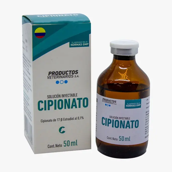 Caja y frasco ámbar de 50 ml de cipionato de estradiol inyectable para uso veterinario, con etiqueta blanca y detalles en verde y azul.