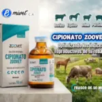 Solución inyectable veterinaria Cipionato Zoovet en frasco ámbar de 50 ml con caja blanca y verde, para optimizar la reproducción en animales.