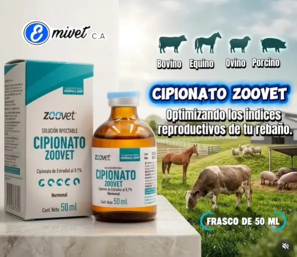 Solución inyectable veterinaria Cipionato Zoovet en frasco ámbar de 50 ml con caja blanca y verde, para optimizar la reproducción en animales.