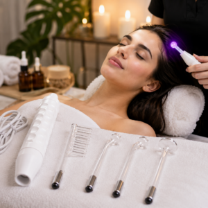 Kit de alta frecuencia blanco con cuatro electrodos de vidrio, cable y mango ergonómico, usado por una profesional para tratamiento capilar en spa.