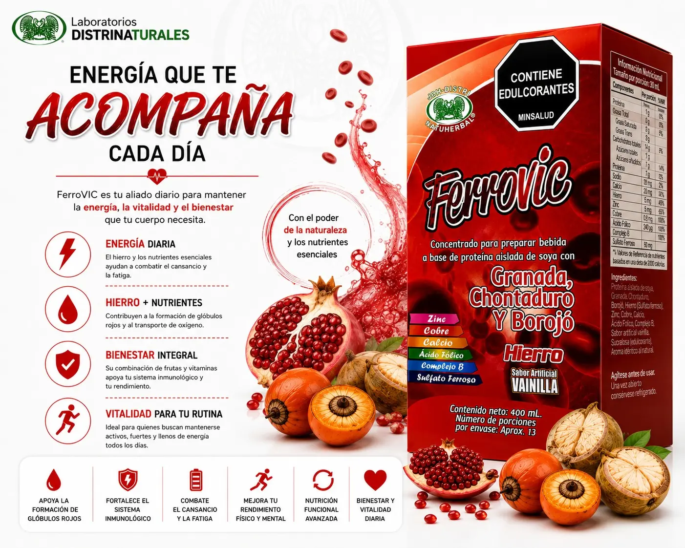 Concentrado líquido Ferrovic de 400 ml con granada, chontaduro y borojó. Suplemento en caja roja que aporta hierro, vitaminas y energía para la vitalidad.