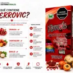 Concentrado líquido Ferrovic de 400 ml con granada, chontaduro y borojó, incluye tabla nutricional y beneficios de sus nutrientes para la vitalidad.