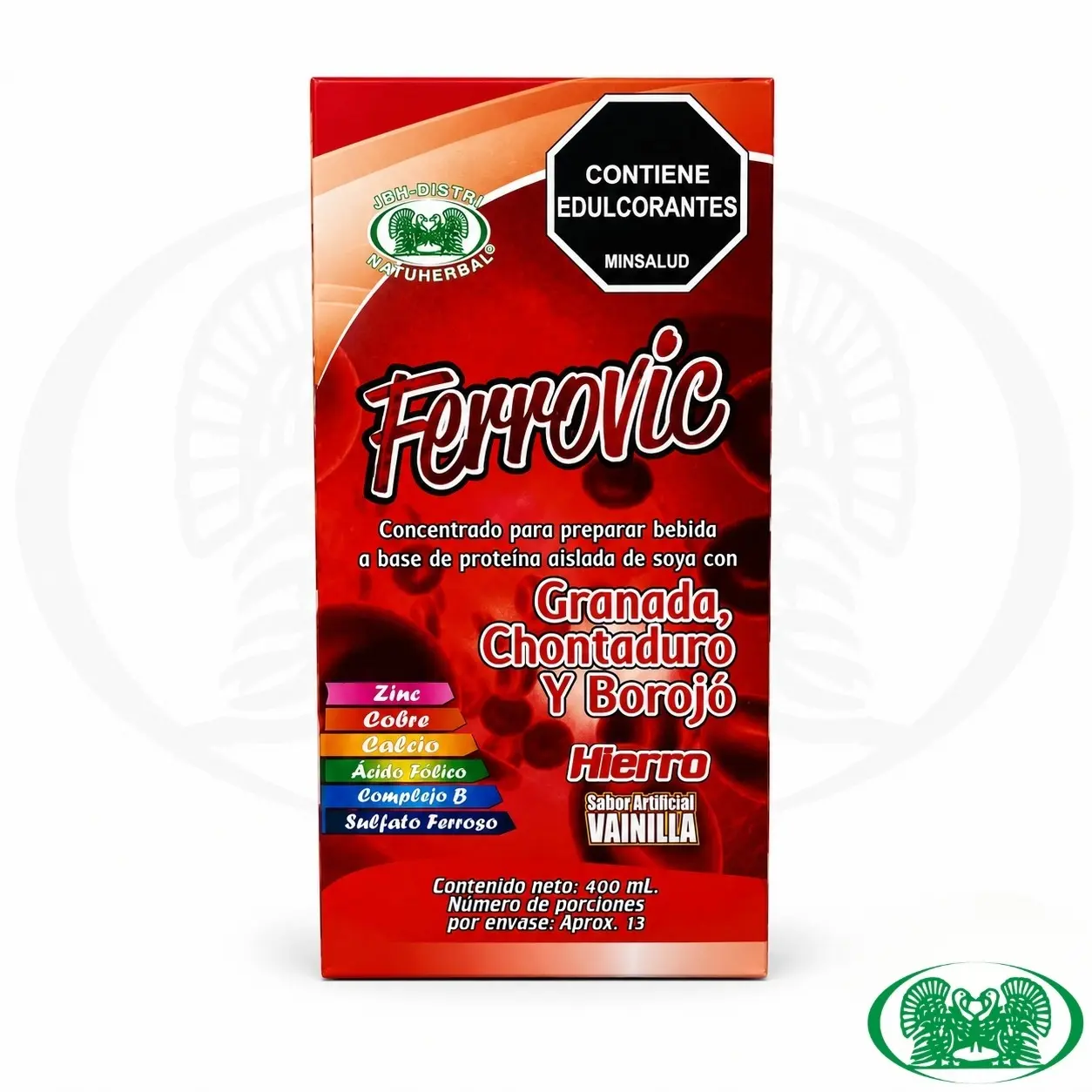 Envase de 400 ml de concentrado Ferrovic sabor vainilla con granada, chontaduro y borojó, enriquecido con hierro, zinc, cobre, calcio y complejo B.
