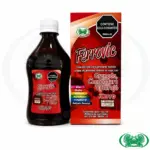 Envase de 400 ml de suplemento líquido Ferrovic sabor vainilla junto a su caja, con extractos de granada, chontaduro y borojó, enriquecido con hierro.