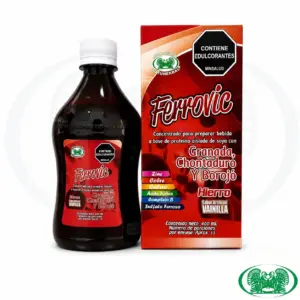 Envase de 400 ml de suplemento líquido Ferrovic sabor vainilla junto a su caja, con extractos de granada, chontaduro y borojó, enriquecido con hierro.